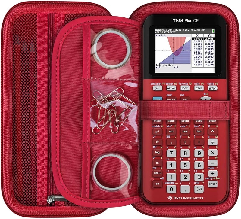 RAIALL حقيبة حمل لآلة حاسبة Texas Instruments TI-84 Plus CE/TI-84 Plus/TI-83 Plus/TI-83 Plus CE الملونة، جيب شبكي يناسب كابل الشحن والقلم، أحمر - Image 1